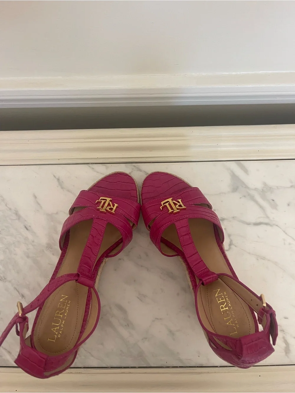 Ralph Lauren Hot Pink Croc-Embossed Espadrille Wedge Sandals with Gold RL Logo